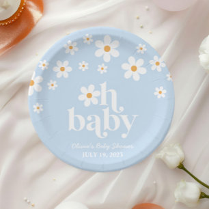 Oh Baby! Retro Daisy blue boho Baby Shower Paper Plates