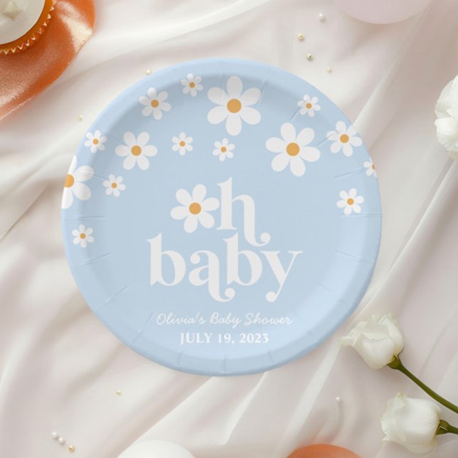 Oh Baby! Retro Daisy blue boho Baby Shower Paper Plates (Creator Uploaded)