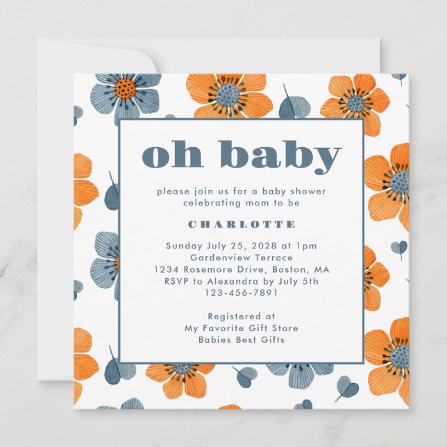 Oh Baby Retro Floral Orange Blue Baby Shower Invitation (Front)