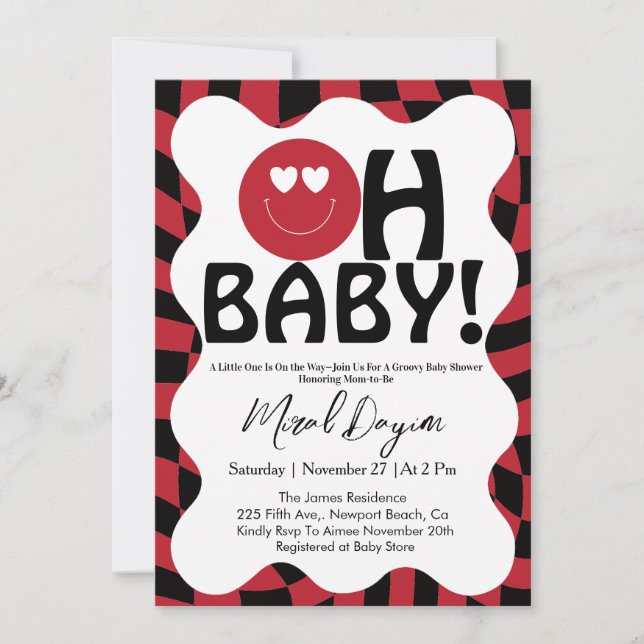 Oh Baby! Retro Groovy Happy Face Baby Shower  Invitation (Front)