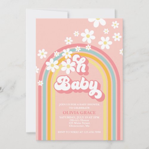 Oh Baby Retro Rainbow Daisy Baby Shower Invitation