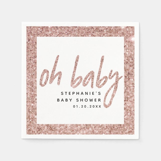 Oh Baby Rose Gold Pink Glitter Girl Baby Shower Napkins (Front)