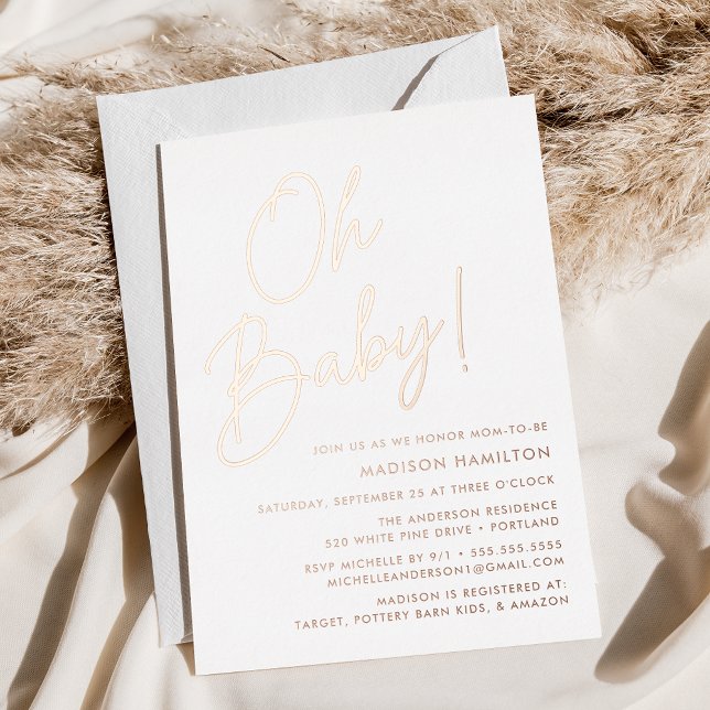 Oh Baby Rose Gold Script Baby Shower Foil Invitation (Creator Uploaded)
