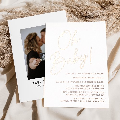 Oh Baby Rose Gold Script Photo Baby Shower Foil Invitation