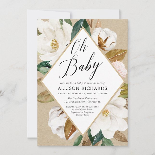 Oh baby rustic floral magnolia kraft baby shower invitation (Front)