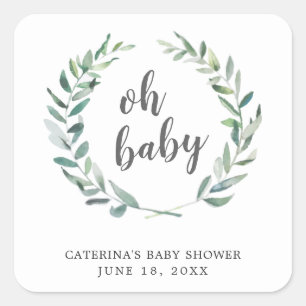 Oh Baby Rustic Greenery Wreath Baby Shower Favor Square Sticker