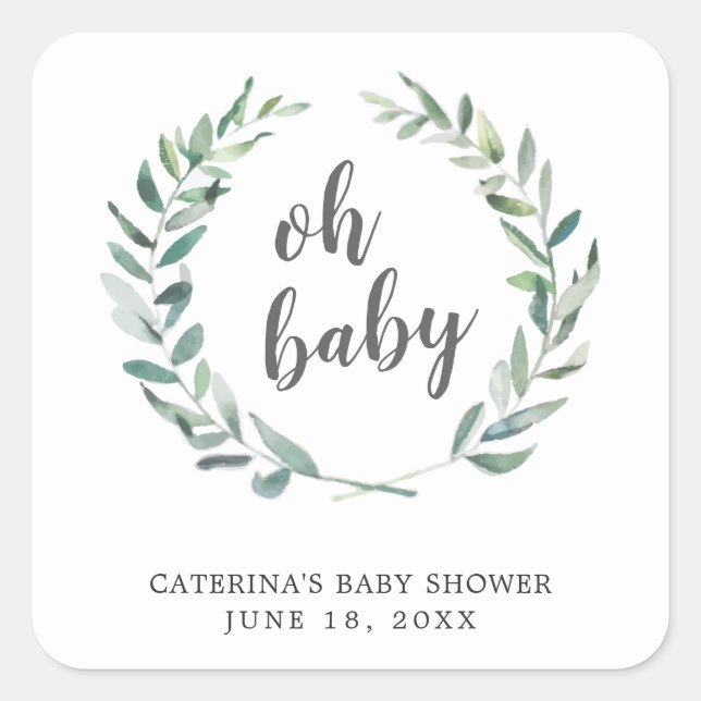 Oh Baby Rustic Greenery Wreath Baby Shower Favor Square Sticker (Front)