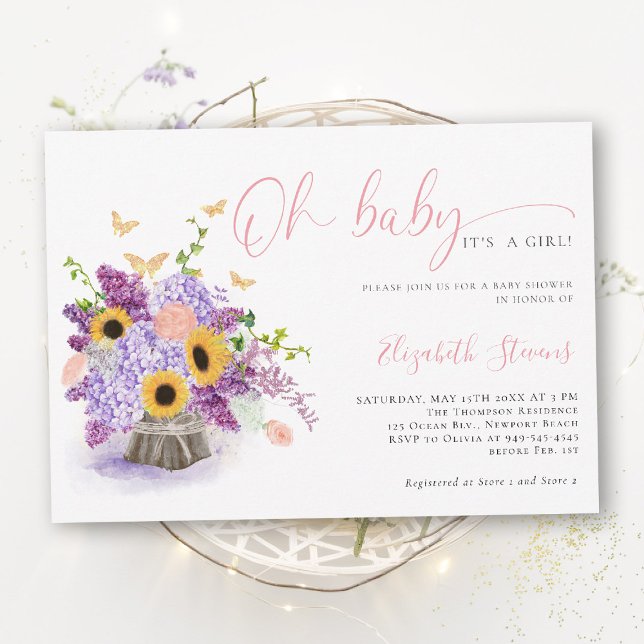 Oh Baby Rustic Hydrangea Butterflies Baby Shower Invitation (girl baby shower invitation rustic sunflower hydrangea lilac butterflies gold elegant sweet)