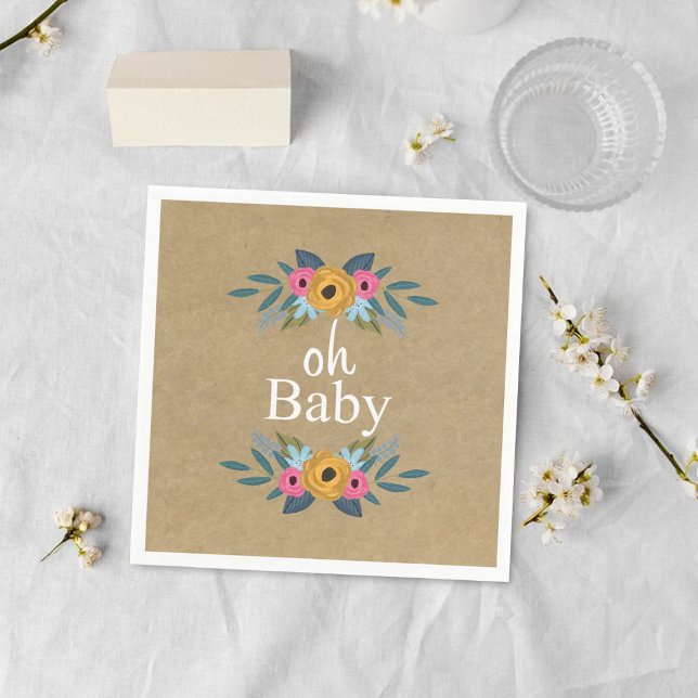 Oh Baby! Rustic Kraft Floral Wreath Baby Shower Napkins (Creator Uploaded)