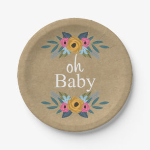 Oh Baby! Rustic Kraft Floral Wreath Baby Shower Paper Plates