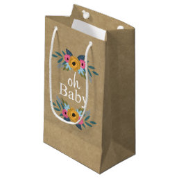 Oh Baby! Rustic Kraft Floral Wreath Baby Shower Small Gift Bag
