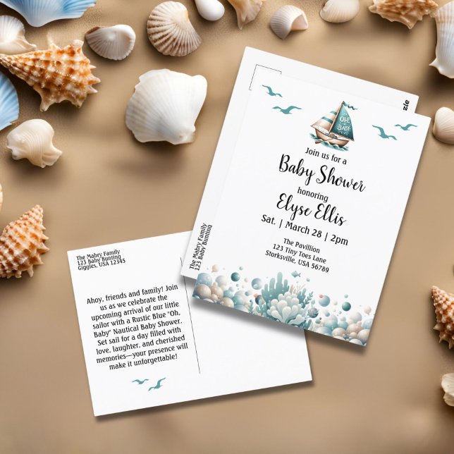 "Oh, Baby" Rustic Nautical Blue Baby Shower  Postcard (Oh, Baby Nautical Baby Shower  Invitation Postcard)