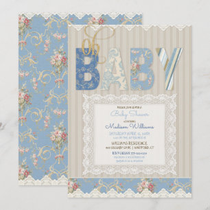 Oh Baby Rustic Wood Lace Blue Ivory Boy Invitation