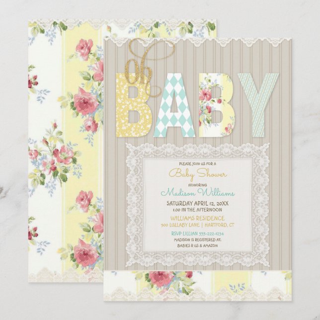 Oh Baby Rustic Wood Lace Gender Neutral Yellow Invitation (Front/Back)