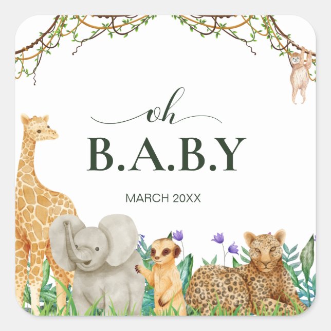 Oh baby Safar Animal Jungle Greenery Baby Shower Square Sticker (Front)