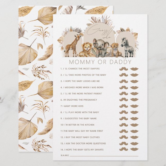 Oh Baby Safari Animals Boho Baby Shower game (Front/Back)