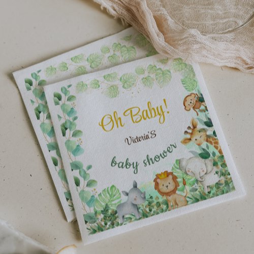 Oh Baby Safari Animals Green Gold Baby Shower Napkins