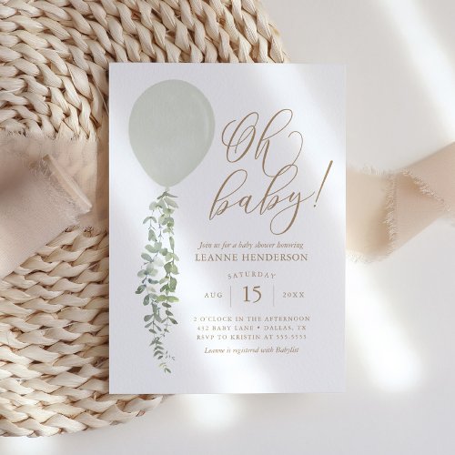 Oh Baby Sage Green Balloon Eucalyptus Baby Shower Invitation