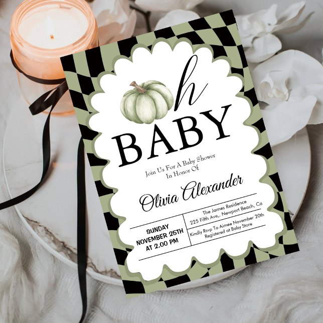 Oh Baby Sage Green Checkered Baby Shower  Invitation (Creator Uploaded)
