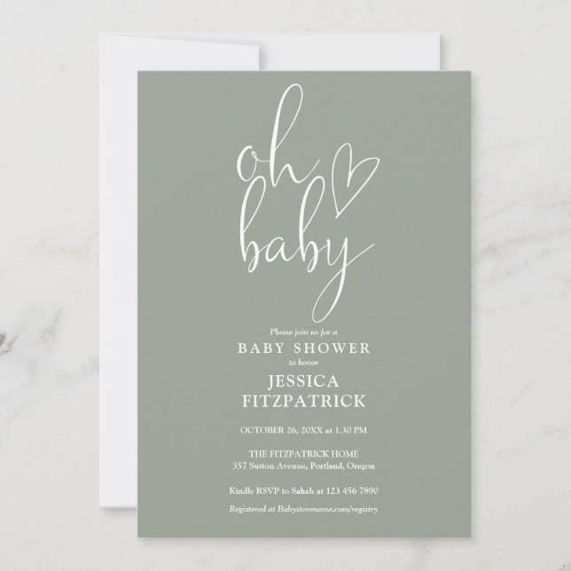 Oh Baby Sage Green Gender Neutral Baby Shower Invitation (Front)