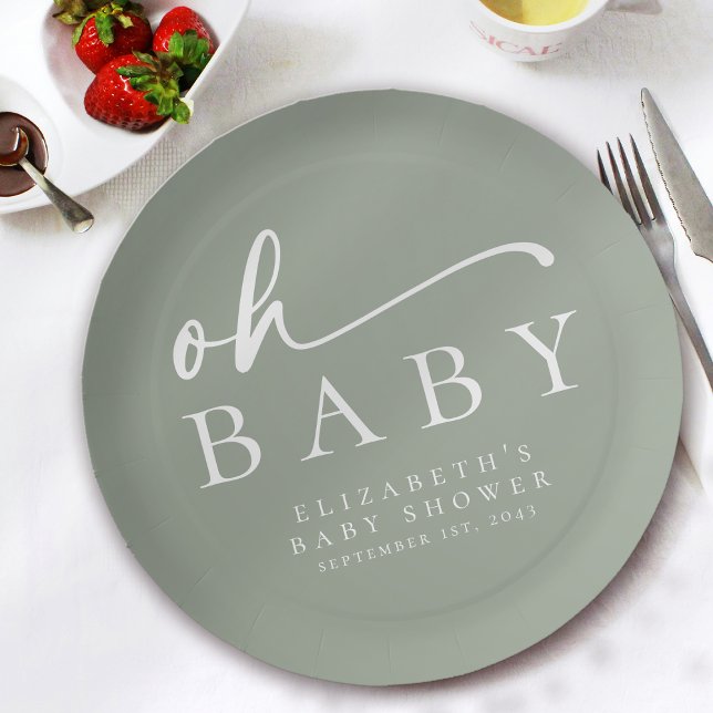 Oh Baby Sage Green Minimalist Baby Shower Paper Plates (Creator Uploaded)