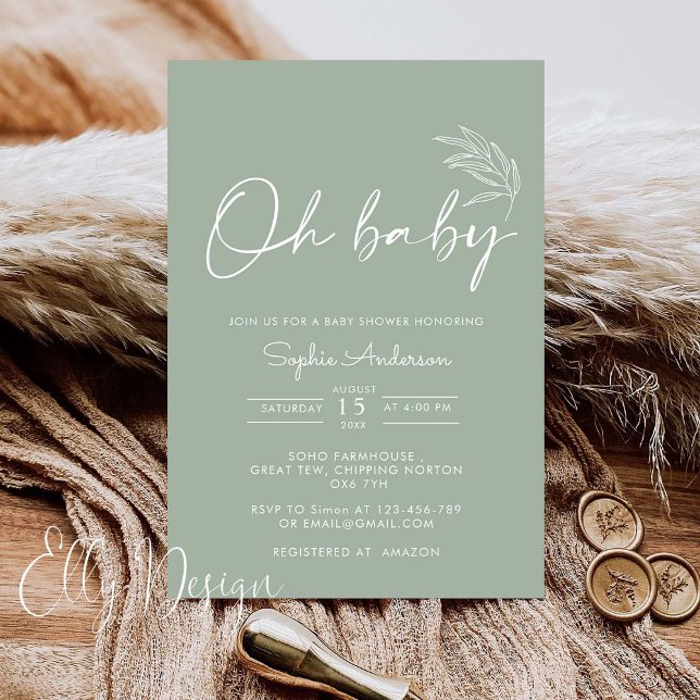 Oh Baby Sage Green Modern Baby Shower Invitation (Creator Uploaded)