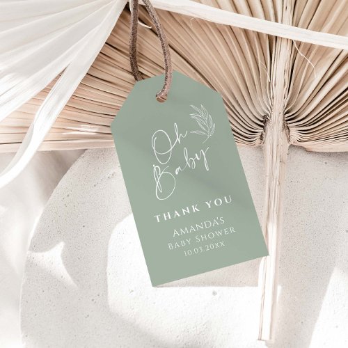 Oh Baby Sage Green Modern Baby Shower Thank You  Gift Tags