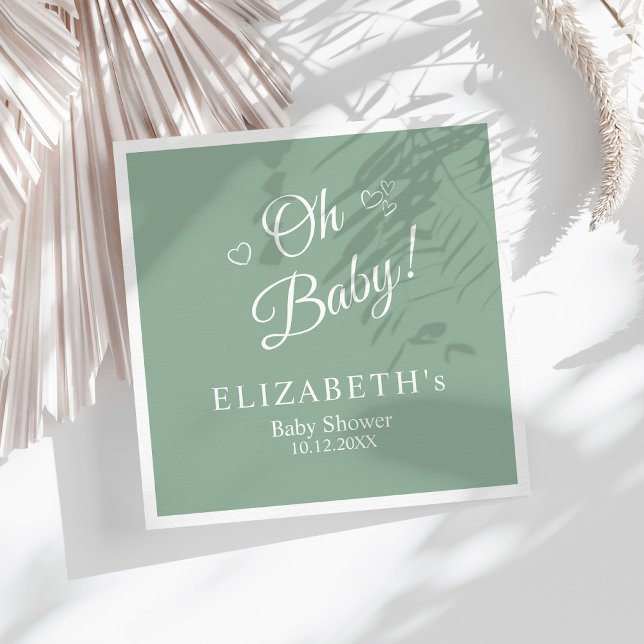"Oh Baby" Sage Green Modern Minimalist Baby Shower Napkins ("Oh Baby" Sage Green Modern Minimalist Baby Shower Napkins on a sunny boho white table.)