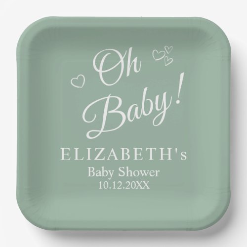 Oh Baby Sage Green Modern Minimalist Baby Shower Paper Plates