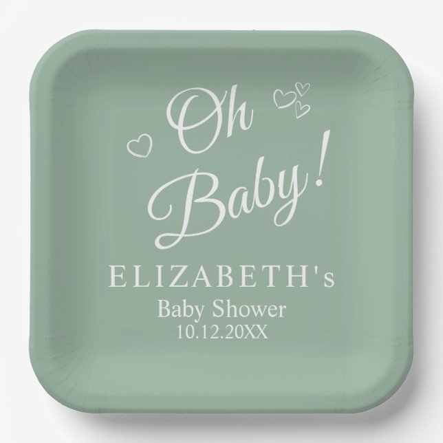 "Oh Baby" Sage Green Modern Minimalist Baby Shower Paper Plates (Front)