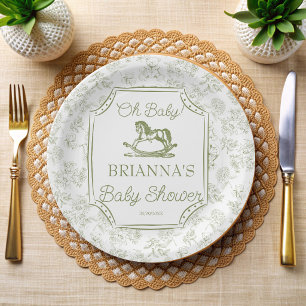 Oh baby sage green rocking horse baby shower paper plates