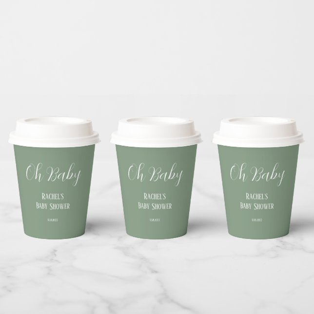 Oh Baby Sage Green Script Cute Modern Baby Shower Paper Cups (Multi)
