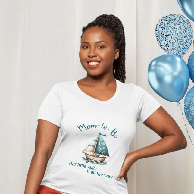 "Oh, Baby" Sailboat Mom-to-Be T-Shirt Blue Design ("Oh, Baby" Mom-to-Be Little Sailor Baby Shower T-Shirt)