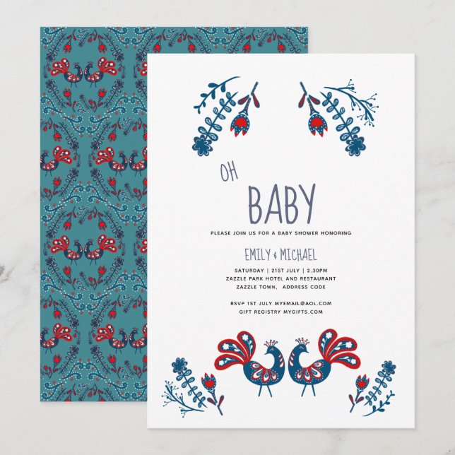 Oh Baby Scandinavian Birds Folk Art Couples Shower Invitation (Front/Back)