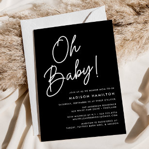 Oh Baby Script Black Minimalist Baby Shower Invitation
