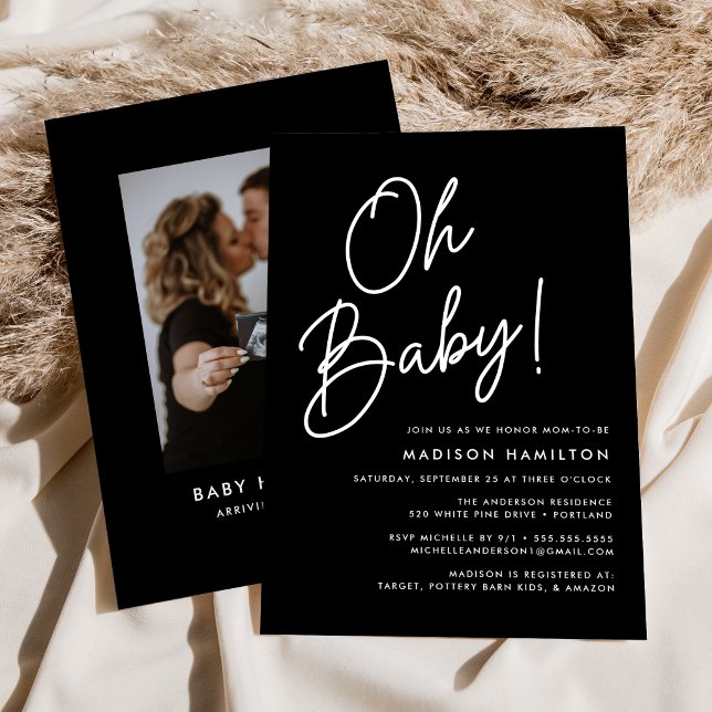 Oh Baby Script Black Minimalist Photo Baby Shower Invitation
