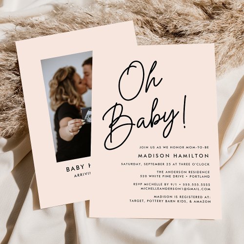 Oh Baby Script Blush Minimalist Photo Baby Shower Invitation