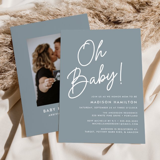Oh Baby Script Dusty Blue Photo Baby Shower Invitation