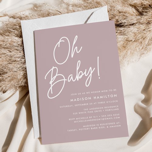 Oh Baby Script Dusty Purple Minimalist Baby Shower Invitation