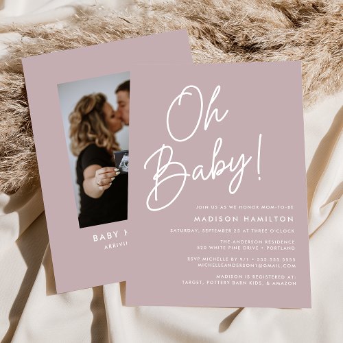 Oh Baby Script Dusty Purple Photo Baby Shower Invitation