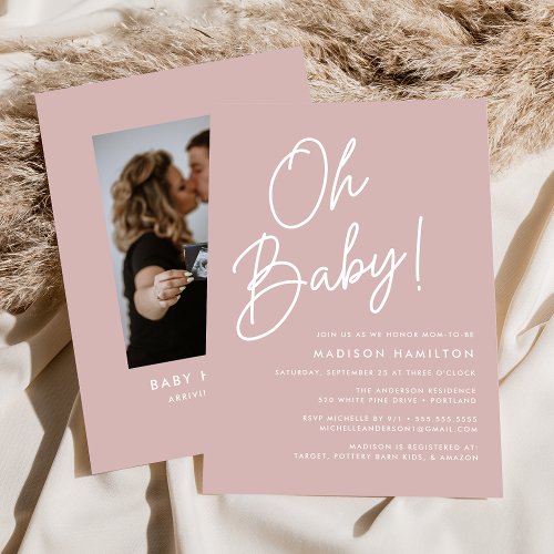 Oh Baby Script Dusty Rose Photo Baby Shower Invitation