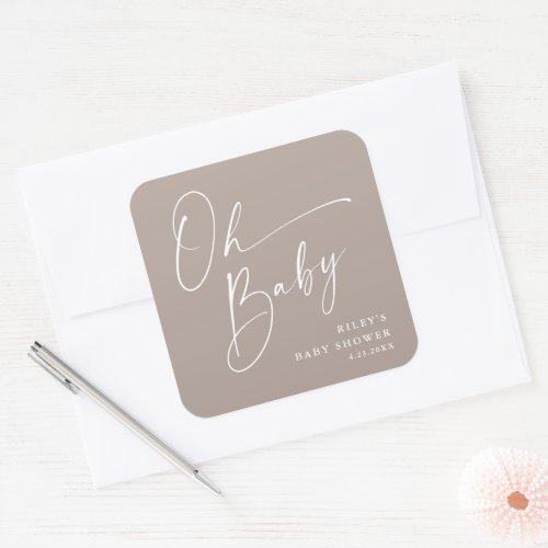 Oh Baby Script Modern Neutral Baby Shower Square Sticker