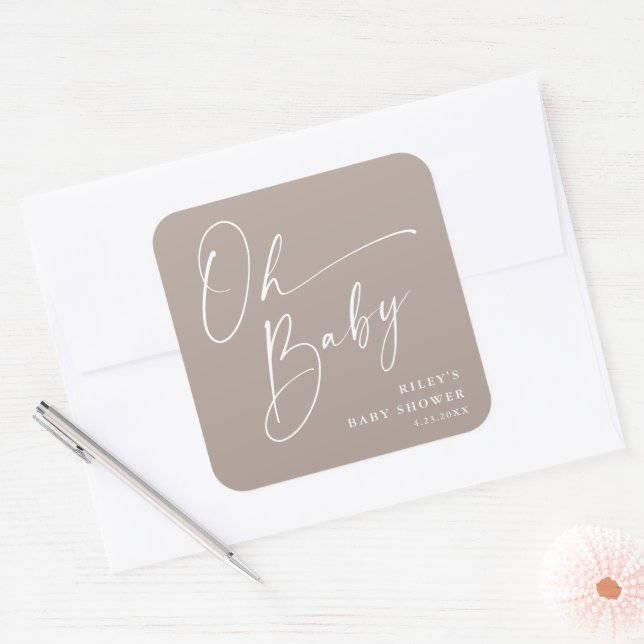 Oh Baby Script Modern Neutral Baby Shower Square Sticker (Envelope)