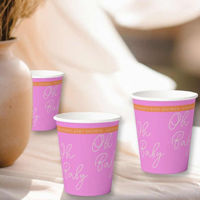 Oh Baby Script Pink and Orange Personalized Paper Cups (Oh Baby Baby Shower personalized paper cups from my Tricolor Baby Shower Collection)