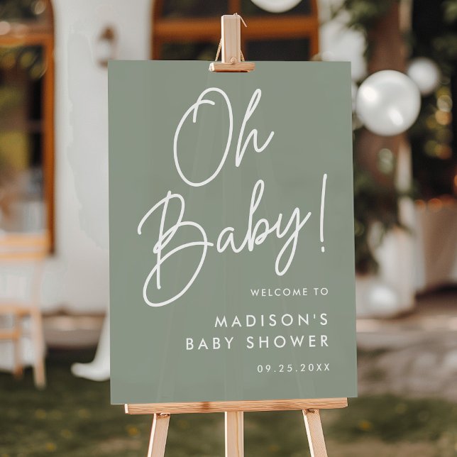 Oh Baby Script Sage Green Baby Shower Welcome Acrylic Sign (Creator Uploaded)