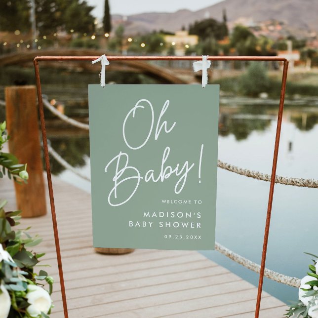 Oh Baby Script Sage Green Baby Shower Welcome Sign (Please note: you will have to create your own holes in order to hang this baby shower sign.)