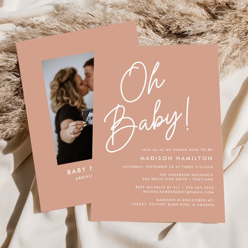 Oh Baby Script Terracotta Photo Baby Shower Invitation