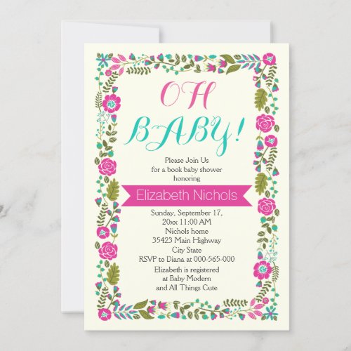 Oh Baby shower aqua and pink floral border Invitation