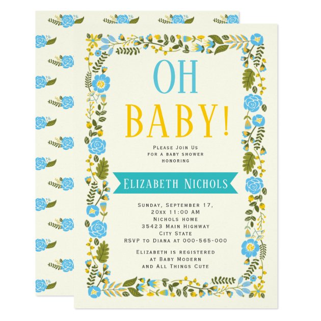 Oh Baby Shower Aqua And Yellow Floral Border Invitation