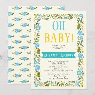 Oh Baby shower aqua and yellow floral border Invitation